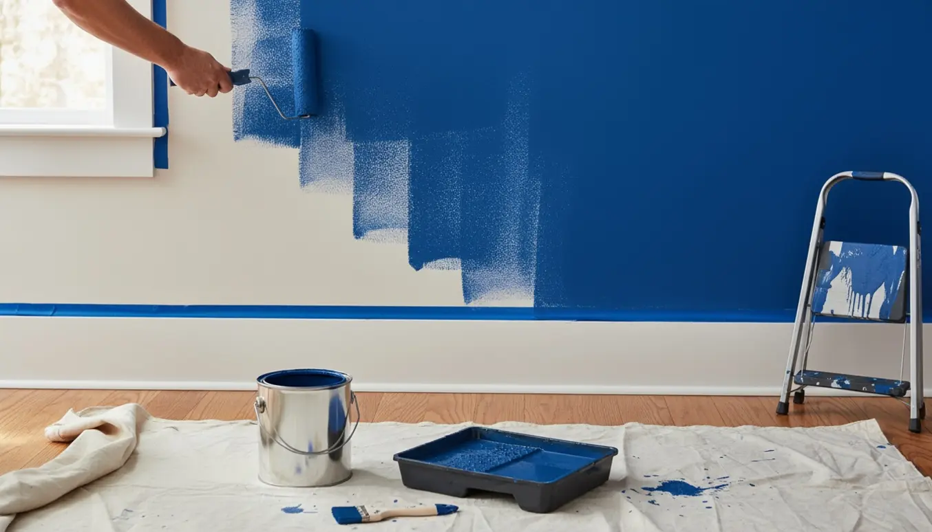 Nærbillede af en person, der ruller et enkelt lag blå maling på en væg med hvid ramme.