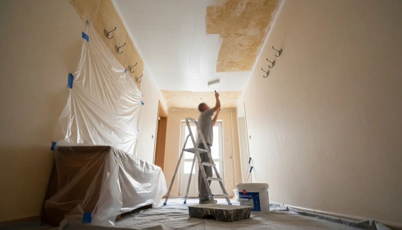 Maler fotograferet bagfra ruller hvid maling på entrétaket, mens møbler er dækket af afdækningsplast.