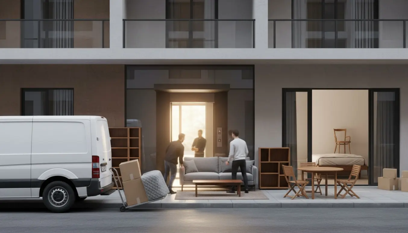Flyttefolk bærer sofa, sofabord, reoler og kasser ved en lejlighedsindgang med varevogn og elevator.
