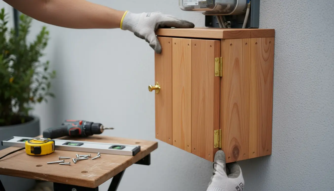 Hænder monterer en træskjuler med hængslet låge foran en elmåler på husvæg.