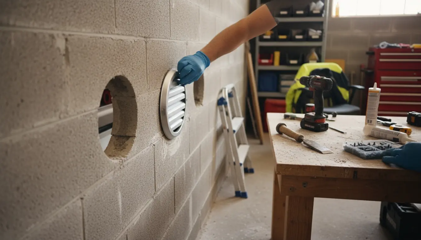 Hænder monterer ventilationsrist i mur i en garage med værktøj og støv omkring.