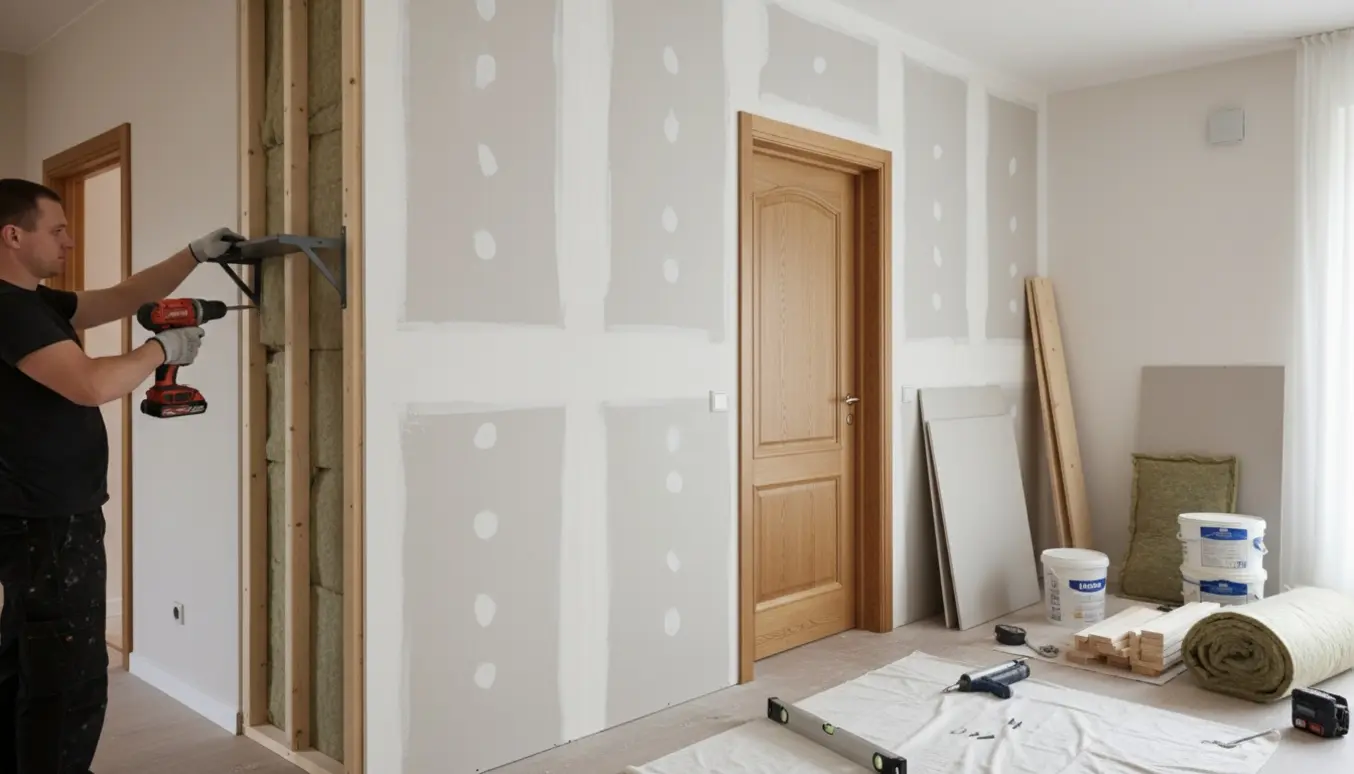 Nyopført skillevæg med dør og færdige karme, klar til maling.