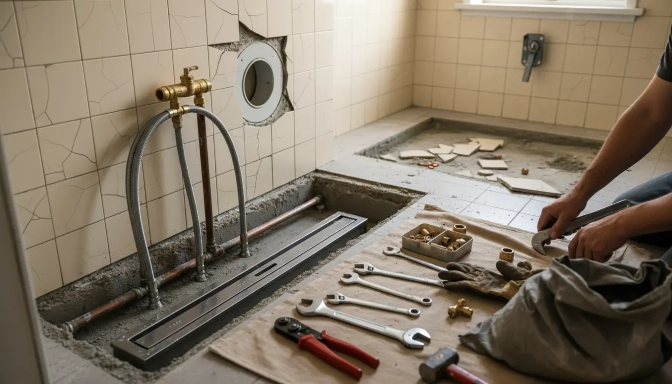 Halvfærdigt 60'er-badeværelse med åbent gulv og synlige rør, klar til VVS-installation.