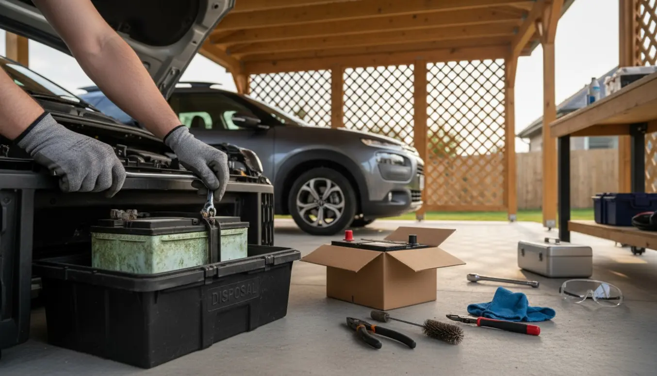 En bil i carport med åben motorhjelm, nyt batteri og værktøj klar, mens et batteriskift foregår.