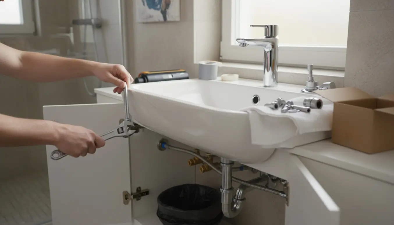 Nyt Hansgrohe Talis E-armatur delvist monteret på en hvid håndvask med værktøj og det gamle Oras-armatur klar til bortskaffelse.