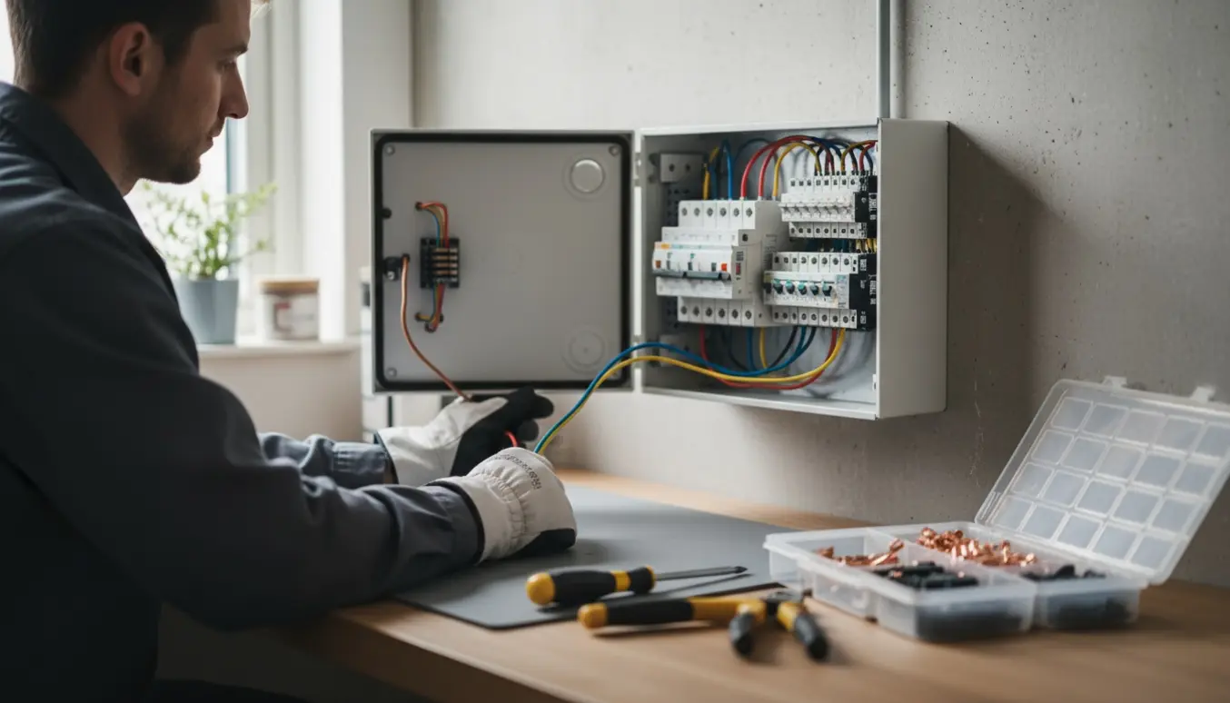 Elektriker i handsker installerer en ny eltavle med RCD i et ryddeligt bryggers, uden tydelige ansigter.