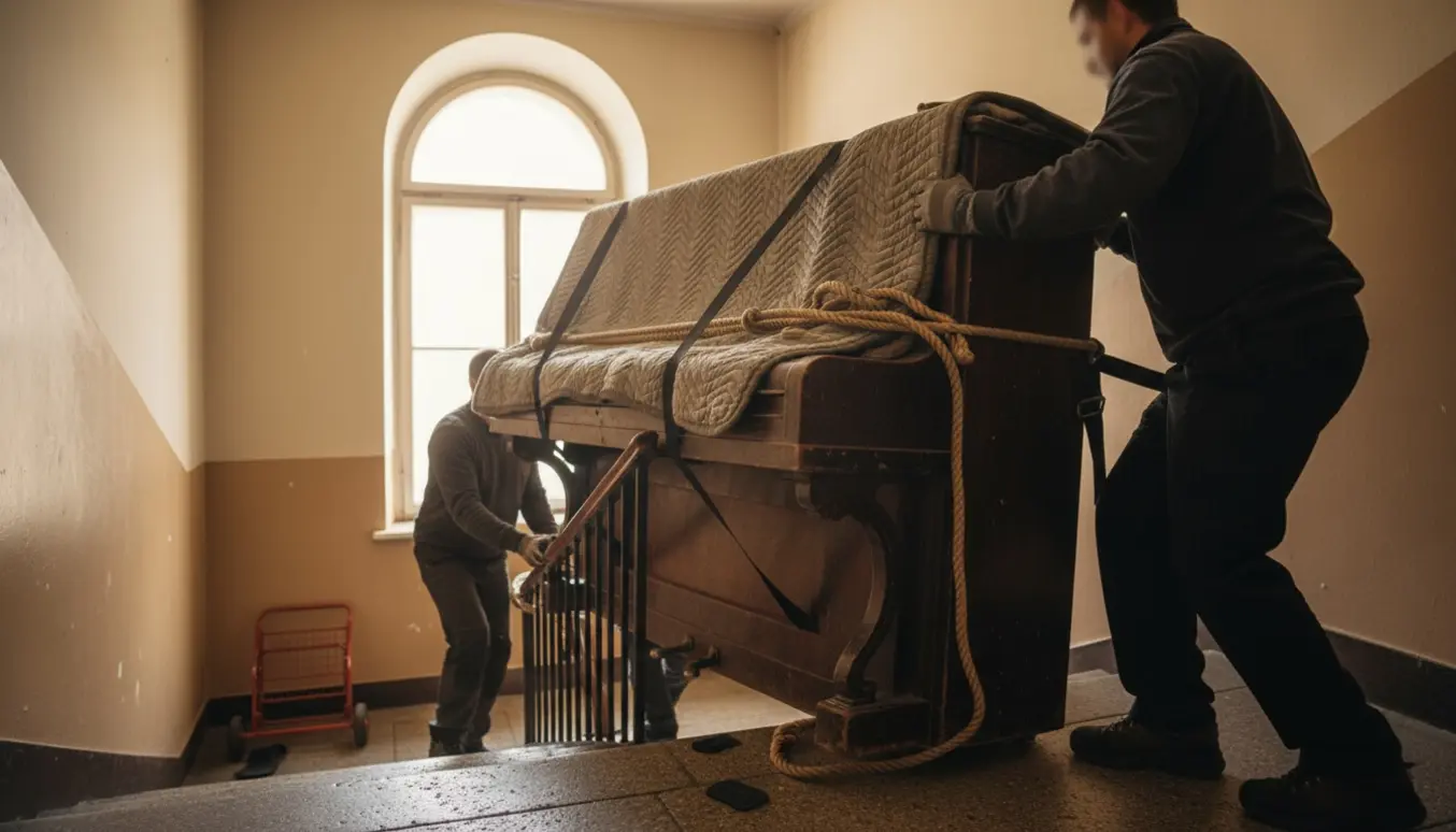 Flyttemænd bærer et gammelt indpakket klaver op ad en smal trappe ved hjælp af bæreseler og en dolly.