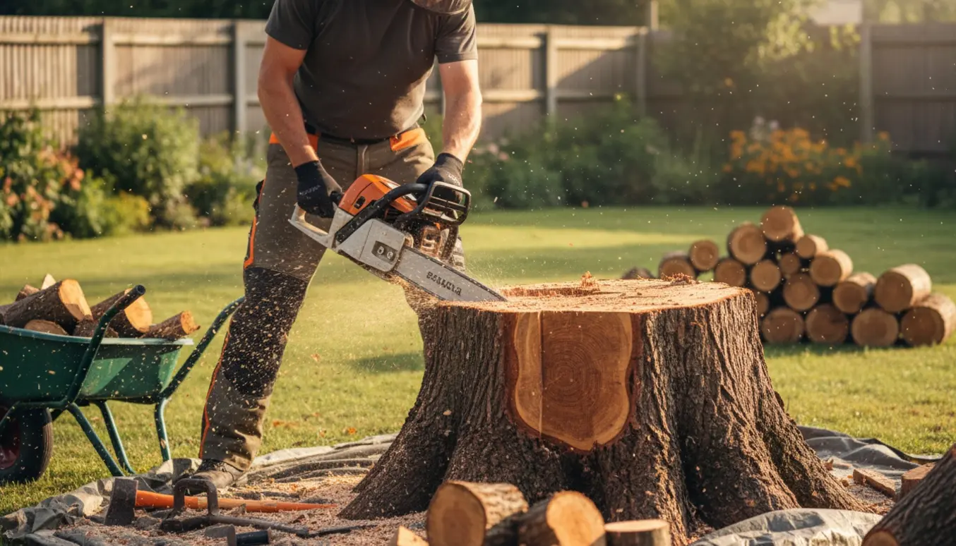 En håndværker saver en høj kastanjetræstub i mindre stykker i en have, omgivet af stakke af træ og savsmuld.