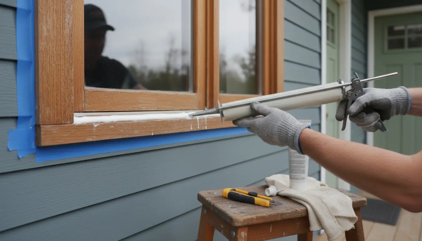 Hænder påfører fugemasse med fugepistol ved et vindue, med en dør og et andet vindue i baggrunden.