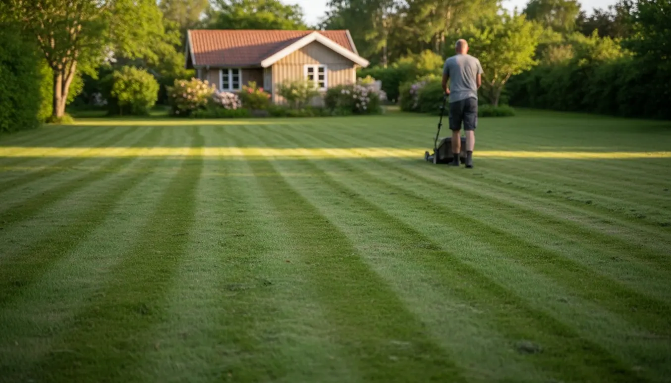 Fladt sommerhusgræs med nyslåede striber, en håndskubber græsslåmaskine og træer langs grunden.