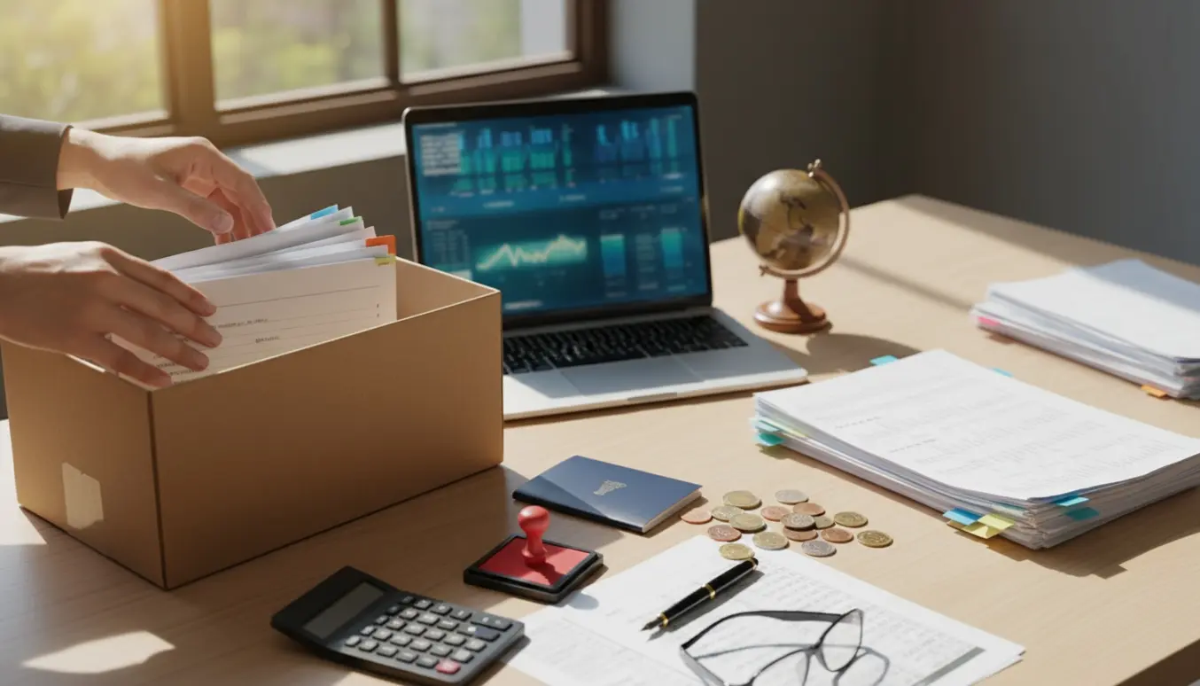 Hænder pakker regnskabsmapper ved et skrivebord med en globus, symboliserer bogføring ved lukning af et udenlandsk datterselskab.