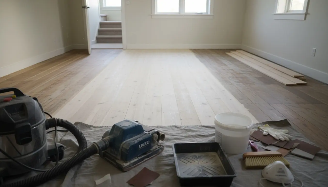 Slebet fyrretræsgulv i en tømt stue med slibemaskine og udstyr til ludbehandling.