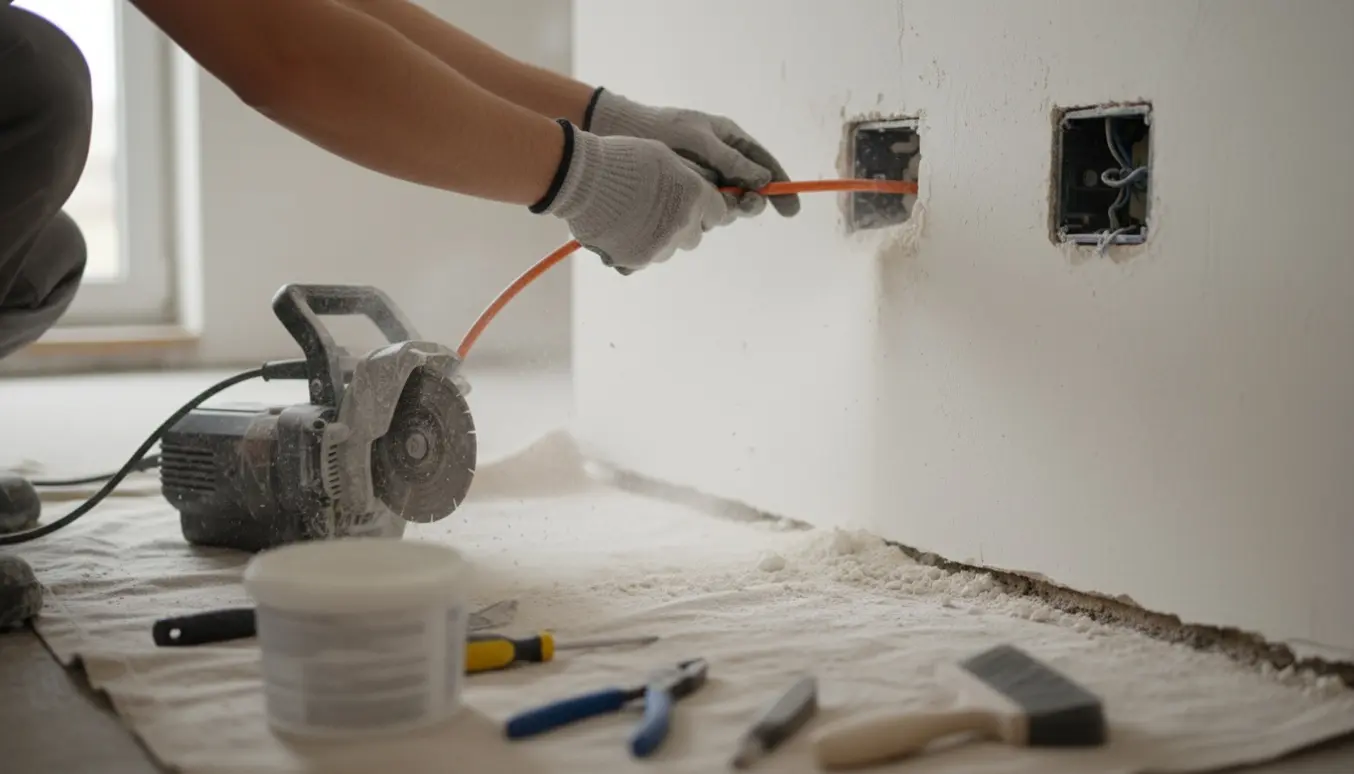 Nærbillede af hænder, der fører kabel ind i en fræset rille i væggen ved etablering af en ny stikkontakt.