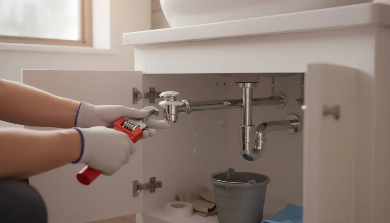 Åben underskab med nyt kromrør og kraftig fuge omkring en ny klapventil under badeværelsesvasken.