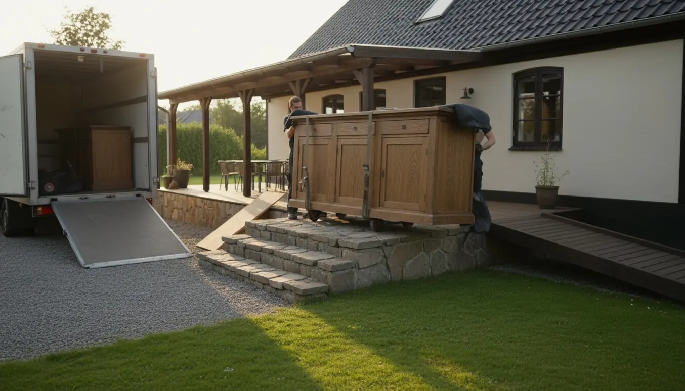 En massiv egetræsskænk flyttes op ad trapper til en overdækket terrasse med dolly og løftestropper.