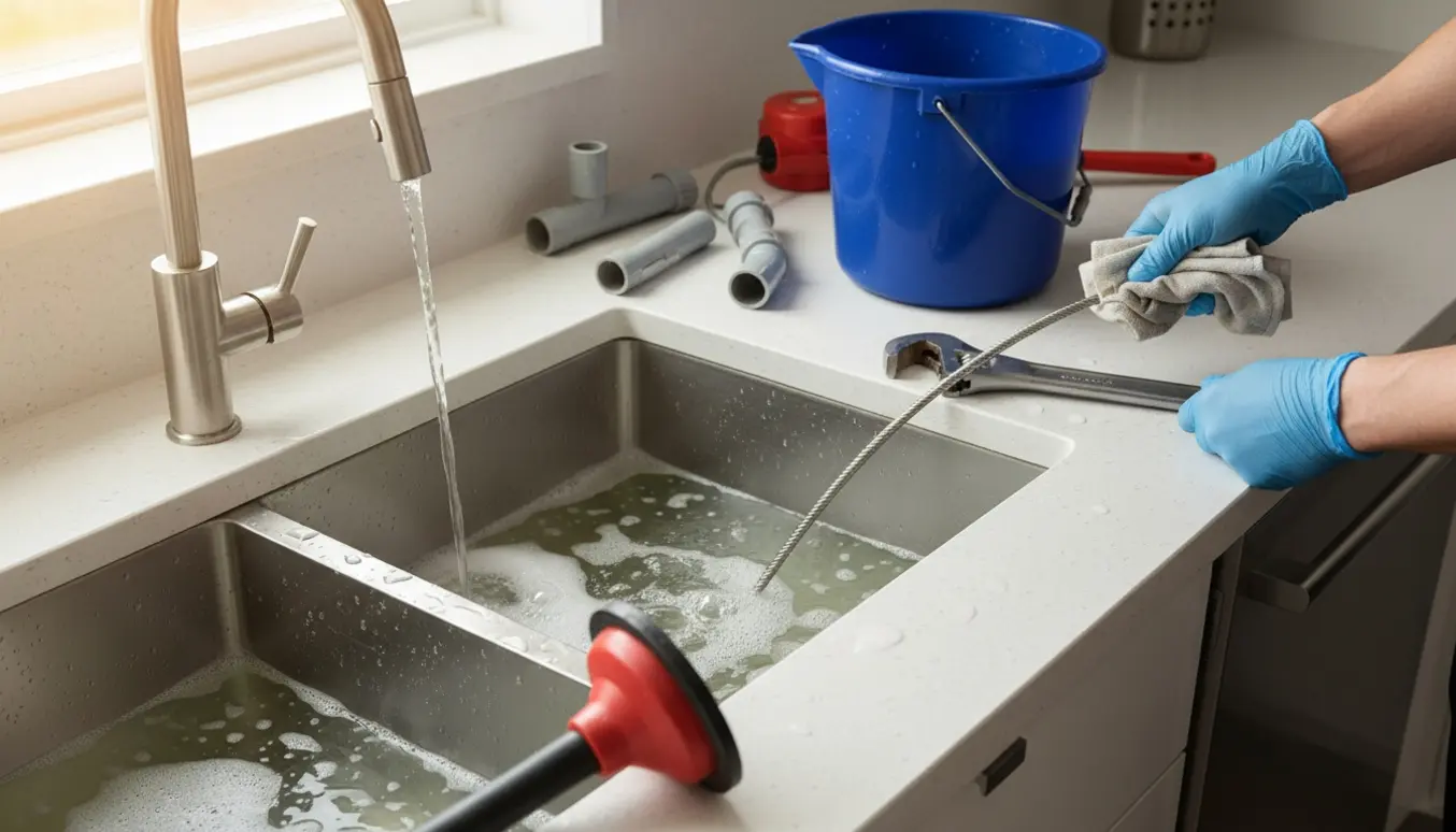 Fyldt køkkenvask med vand, åben opvaskemaskine og værktøj til rensning af afløb.