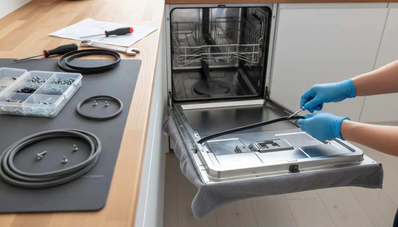 Hænder monterer en ny gummibundliste på en åben smal opvaskemaskinedør med værktøj og reservedel ved siden af.