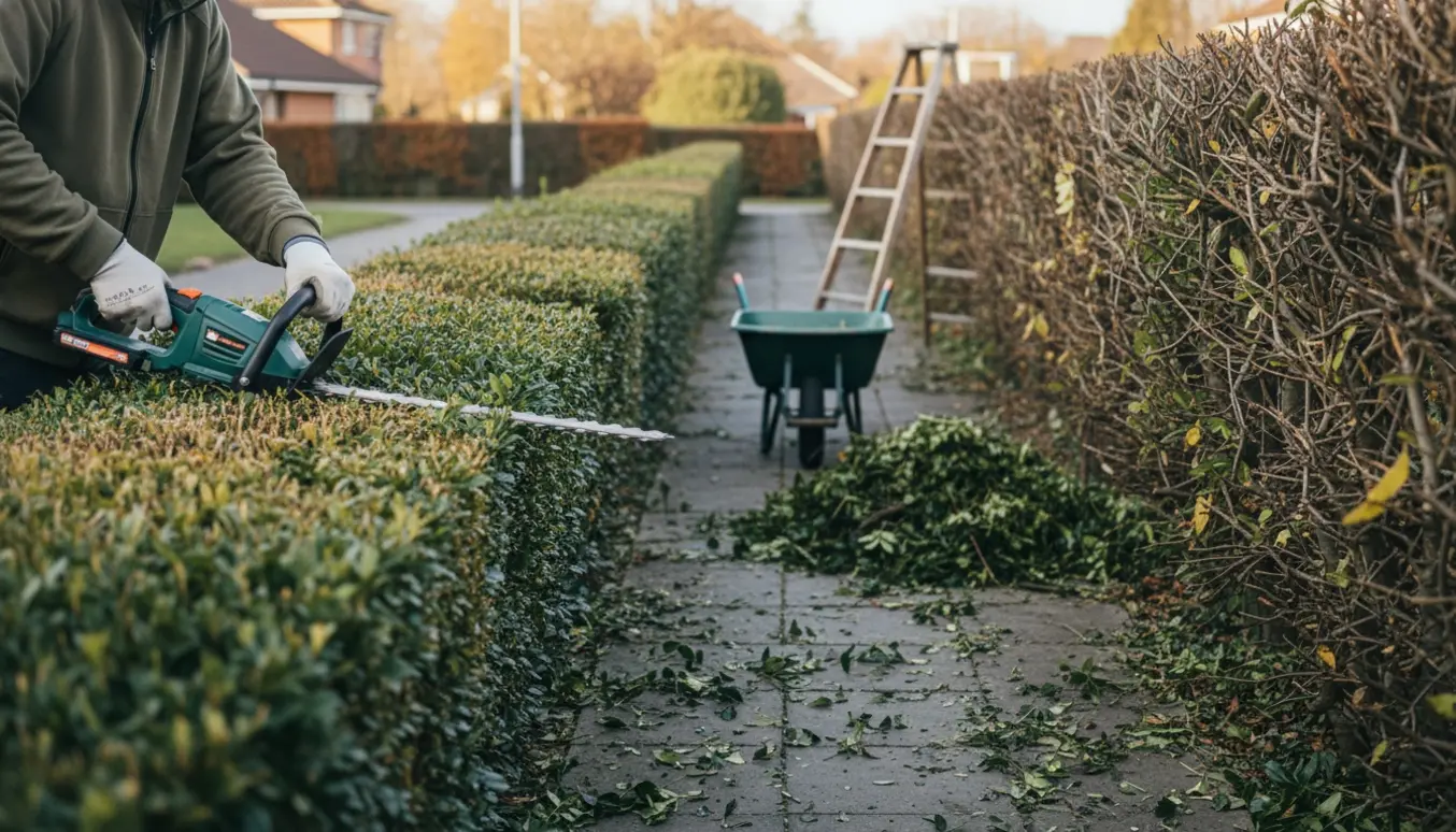 En hækkeklipper arbejder på en lang hæk i efterårslys med nyklippet top og bunker af afklip ved siden af.