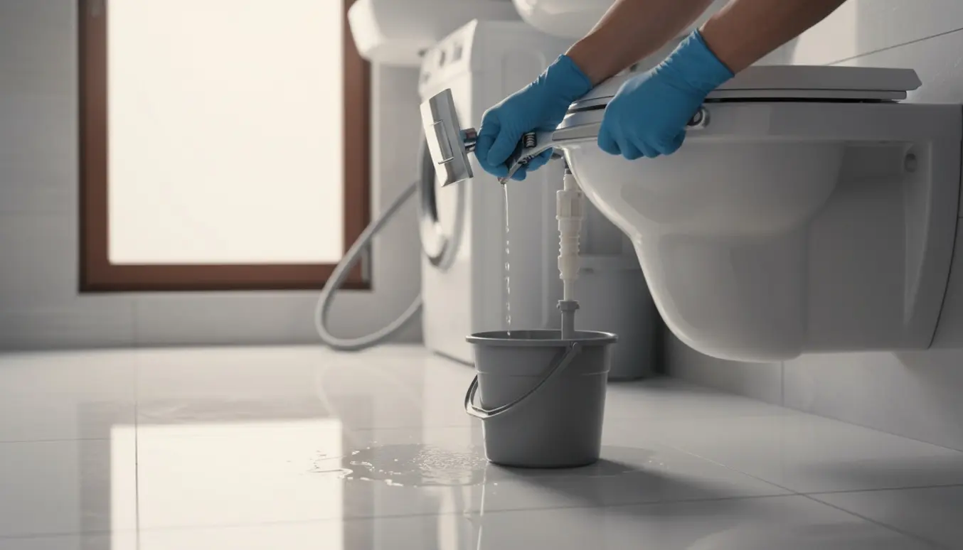 VVS-hænder reparerer en lækkende indbygget cisterne til et væghængt toilet med spand og værktøj.