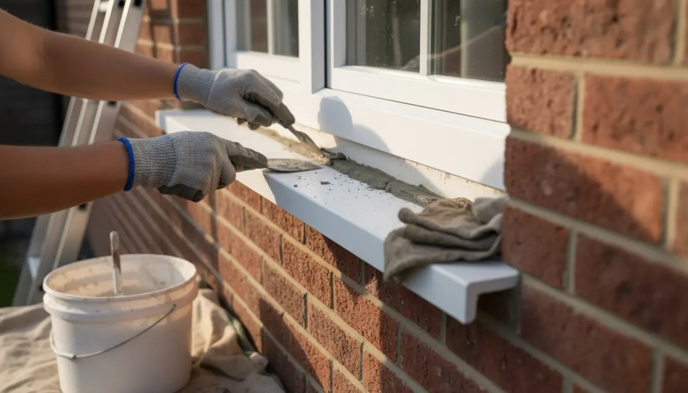 Nærbillede af fugearbejde omkring et nyinstalleret vindue, hvor en hånd glatter frisk mørtel i mellemrummet.