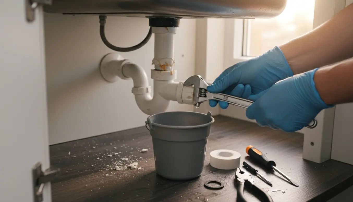 Udskiftning af et gnavet afløbsrør under køkkenvask med værktøj og reservedele i et åbent underskab.