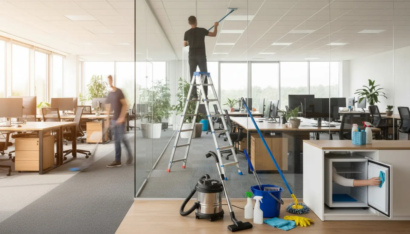 Rengøringsperson på stige pudser et stort glasparti i et lyst kontorlokale med støvsuger og moppe i forgrunden.