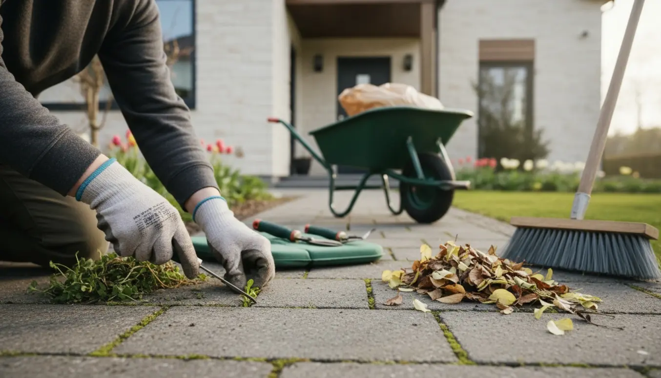 Nærbillede af hænder, der fjerner ukrudt mellem fliser og fejer løse blade ved husets facade.