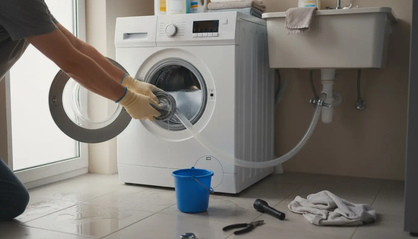 Nærbillede af en hvid vaskemaskine med åbent servicepanel og vand på gulvet, hvor handske‑beklædte hænder prøver at få fat i en fastsiddende trevlesi, og en afløbsslange løber til håndvasken.