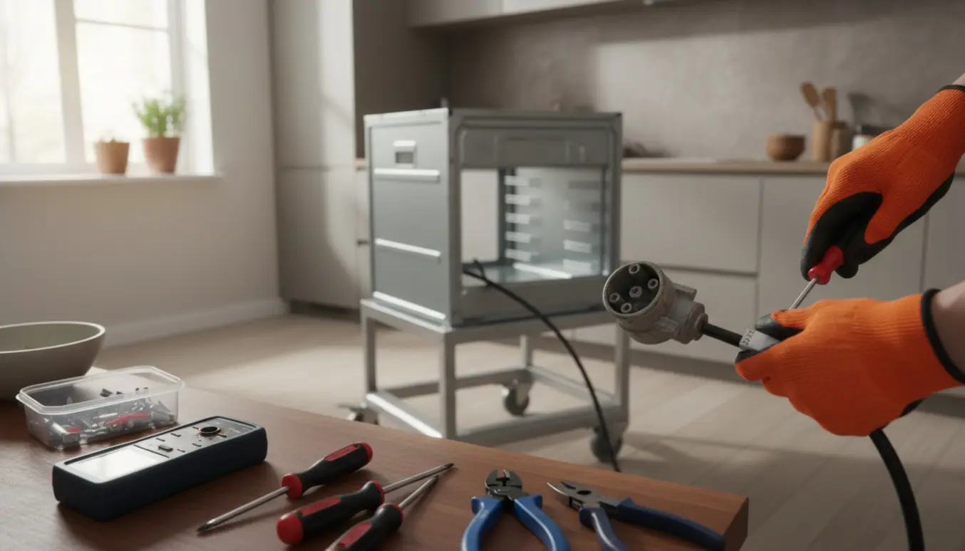 Hænder tilslutter nyt komfur og skifter gammelt 3-faset kraftstik til 1-faset i et lyst køkken.