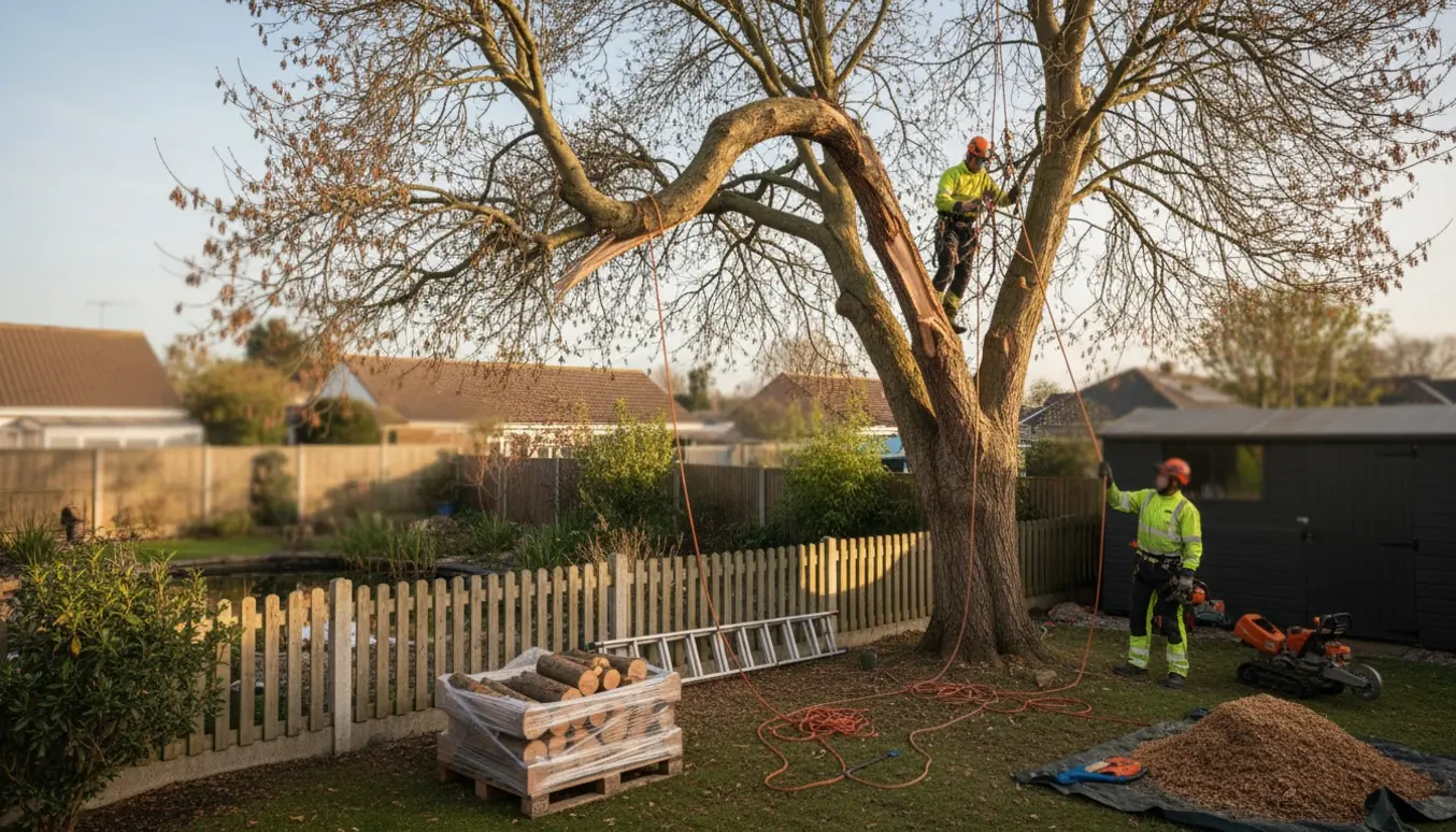 Arborister sikrer og fælder et stormskadet træ tæt på et hegn med reb, motorsav og stabelt træ klar til fjernelse.