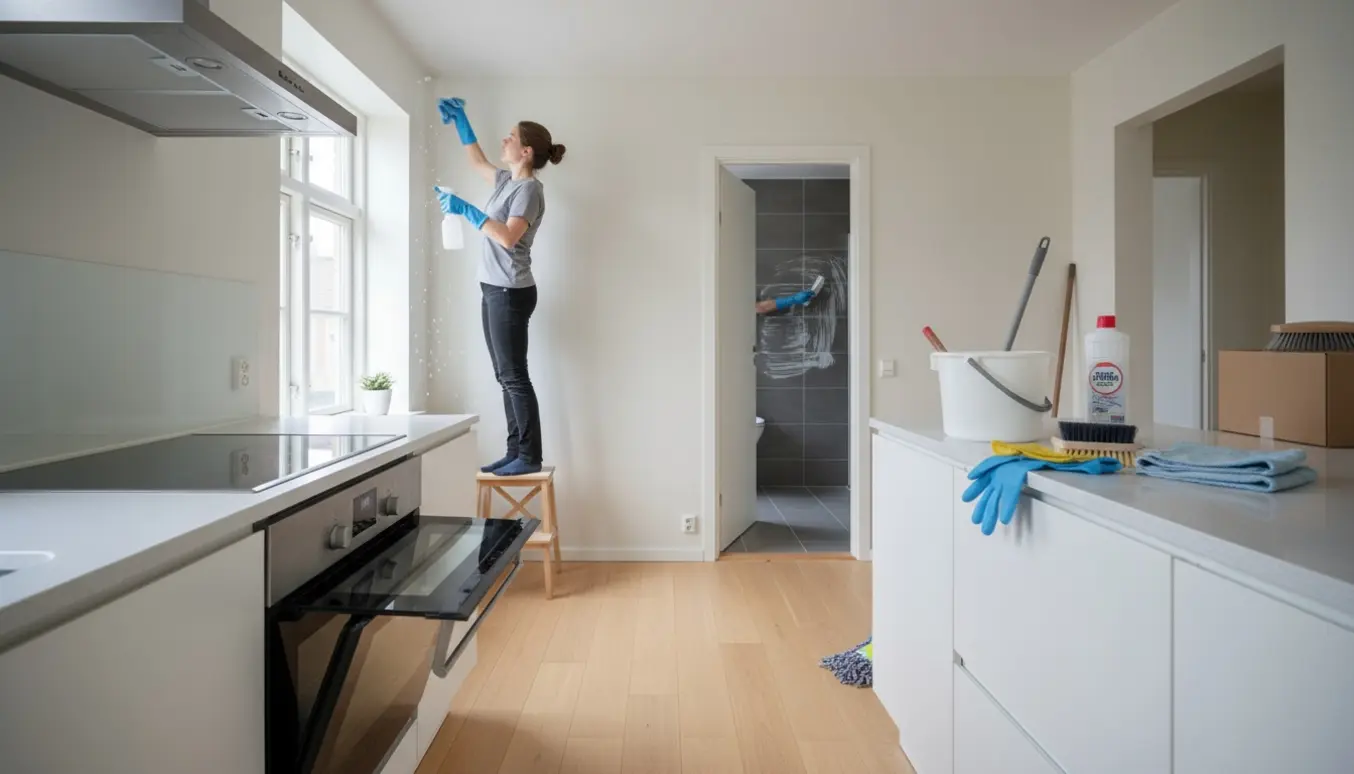 Handsker og rengøringsredskaber fjerner kalk i badeværelset og pudser ovnens emhætte i en lys lejlighed.