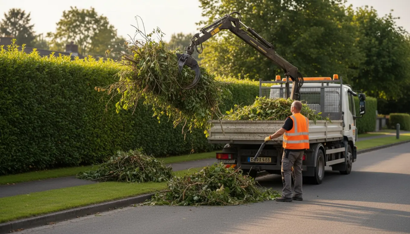 Lastbil med grab løfter grene og haveaffald over en hæk ved vejens kant.