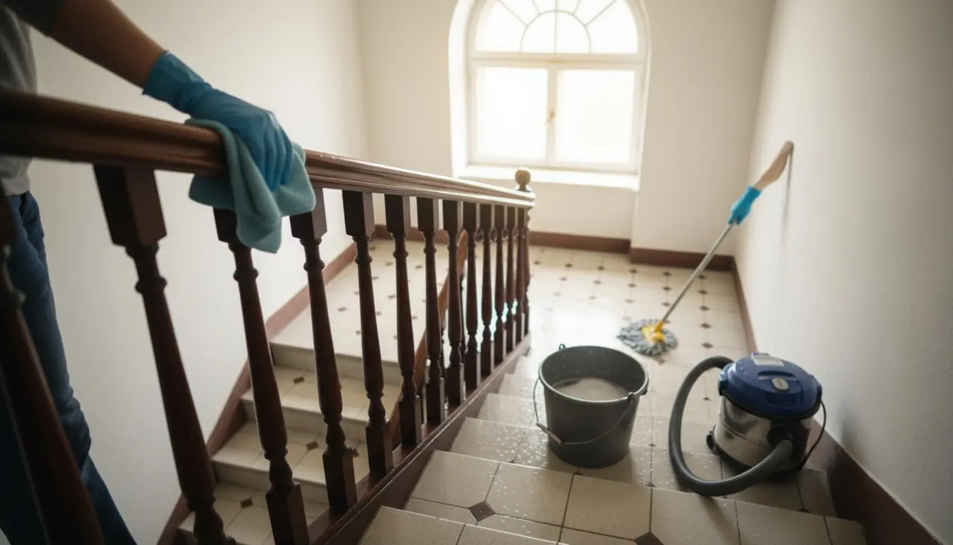 Nærbillede af handsker, en moppe og en støvsuger mens gelænder og trin bliver rengjort i en lys trappeopgang.