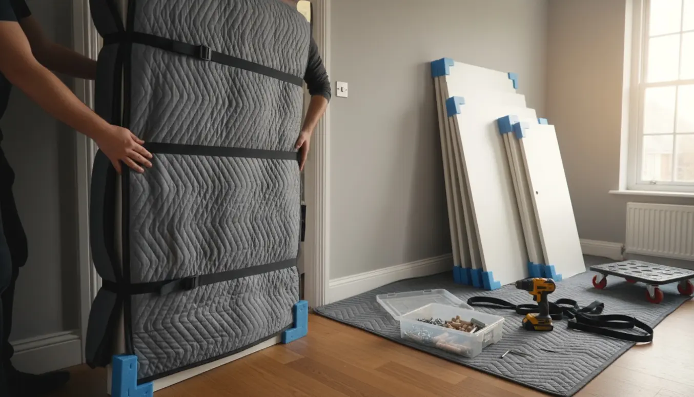 Hænder bærer et panel fra en hvid trefløjet PAX-garderobe gennem en døråbning med flyttetæpper og værktøj omkring.