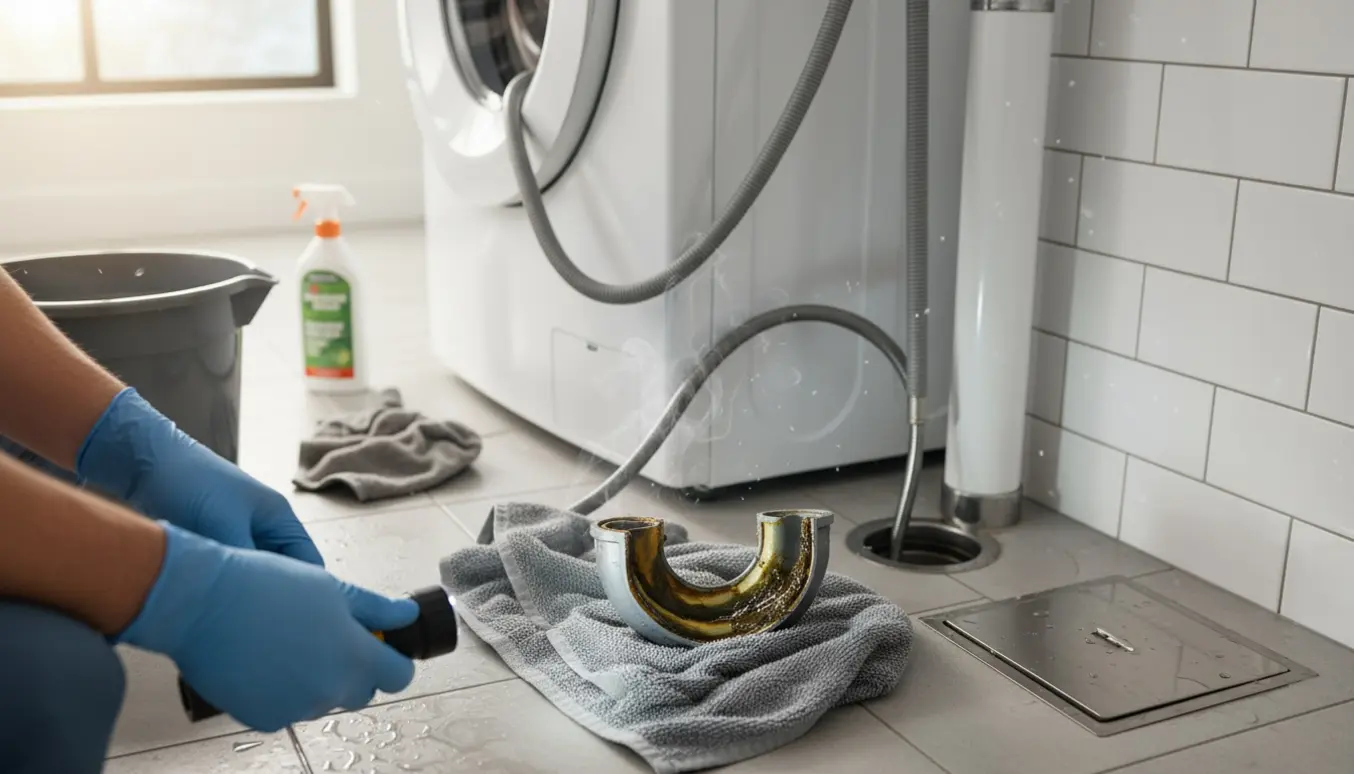 Åben afløbsrør ved en vaskemaskine med fjernet S-bøjle, mørk belægning og værktøj klar til rensning.