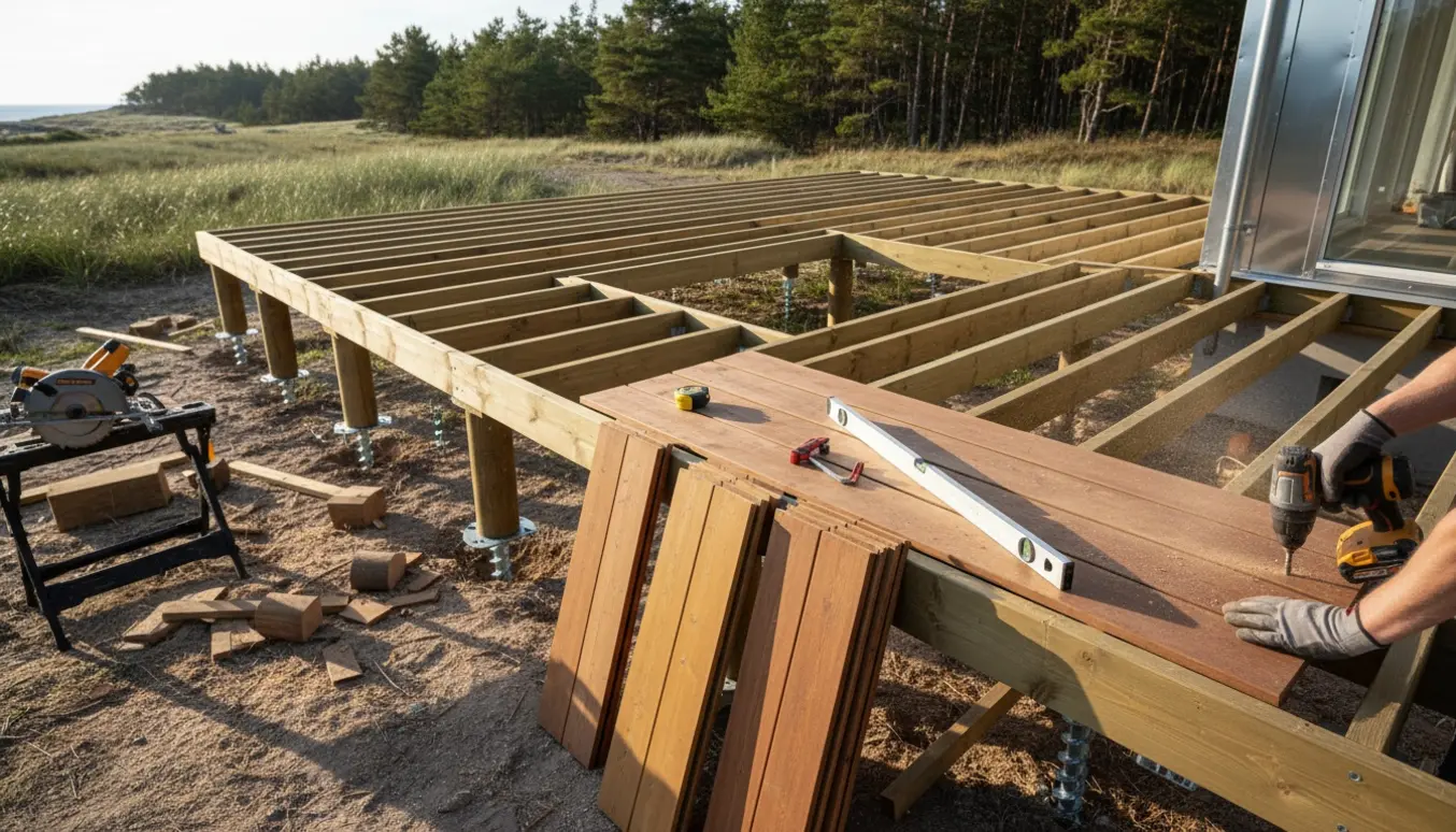 Ny træterrasse til sommerhus under opbygning med stolper, opstablede brædder og en trappe i midten.