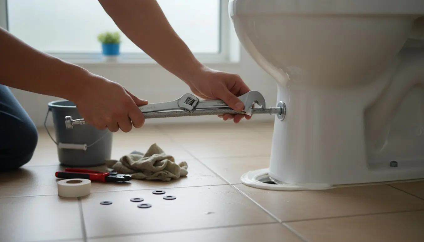 Nærbillede af udskiftning af toiletvandsforsyningsrør og fugning omkring afløbsrør i et badeværelse.