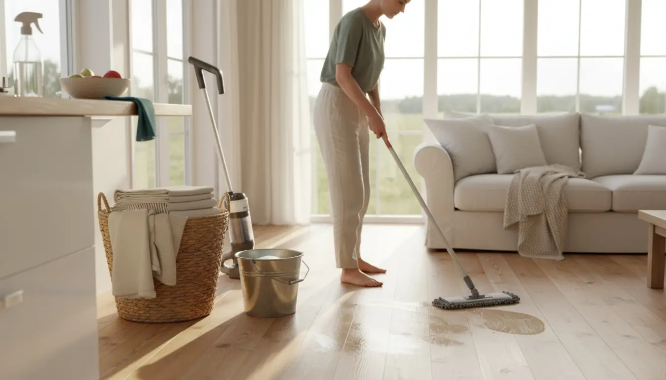 Indvendigt sommerhus med person, der mopper et lyst trægulv i sollys og rengøringsudstyr i nærheden.