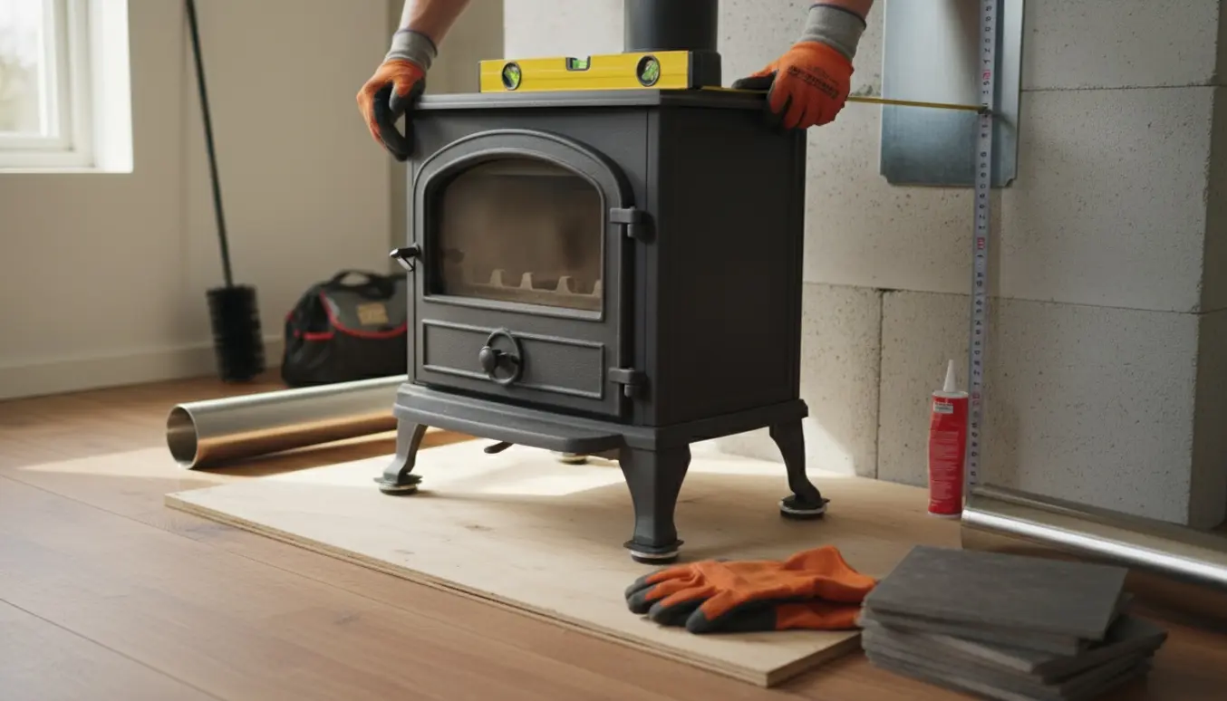 Glaset brændeovn flyttes ind mod en gasbetonvæg med værktøj og beskyttelse lagt frem i en lys stue.