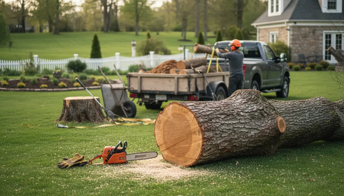 Et fældet træ savet i stykker med motorsav og stammer samlet ved en trailer i en stor have.