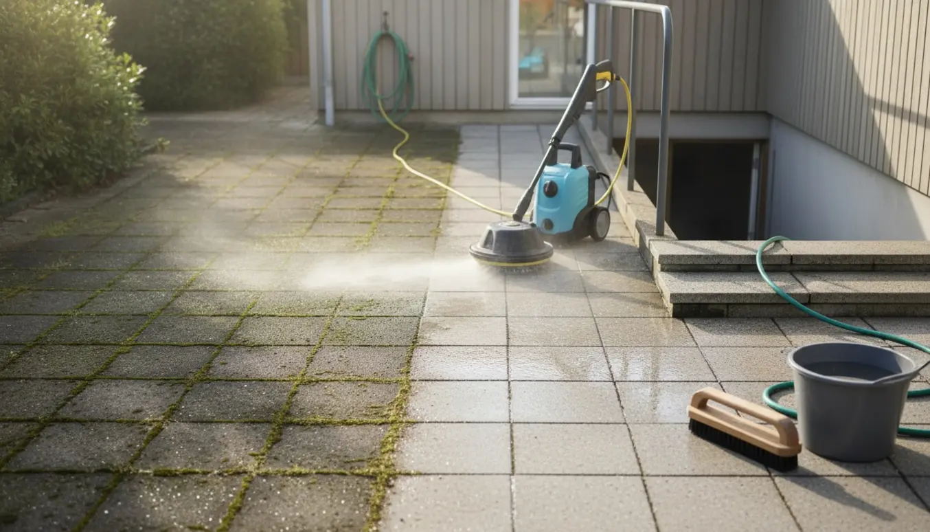 Rensede og snavsede fliser ved et dansk hus med højtryksrenser og trapper til kælderen.