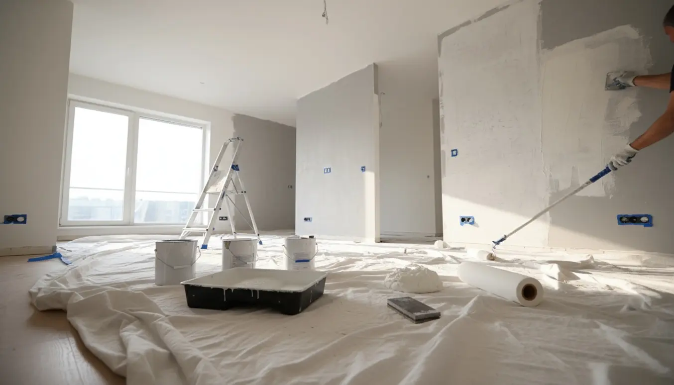 Lys lejlighed med nymalet hvidt loft, stige, malerulle, spartel og filt-rulle klar til vægarbejde.