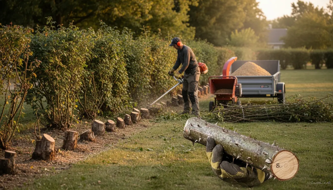 Buskrydder og flishugger ved en række rosenbuske, med nyskårede stubbe og en bunke flis.