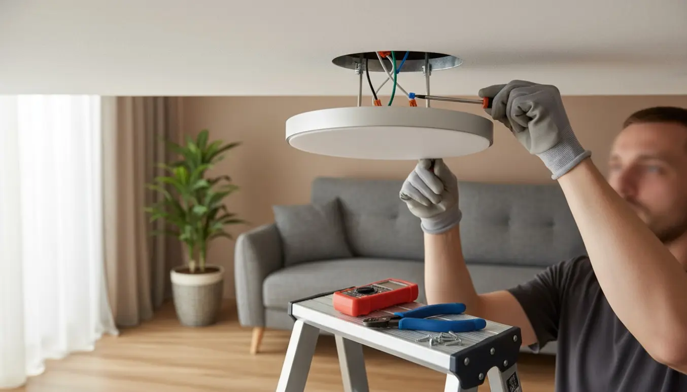 Hænder på en stige monterer en indbygget LED-loftlampe i en lys stue.