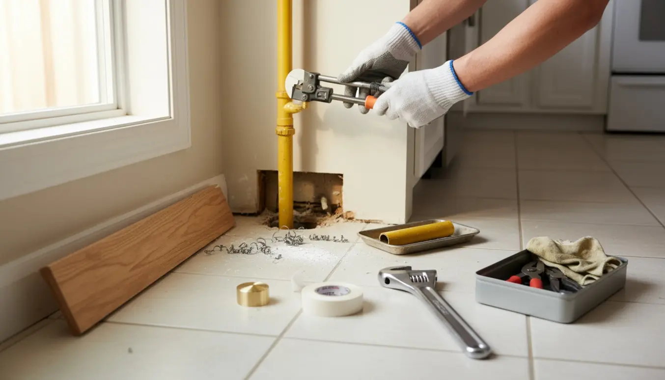 Nærbillede af handskevotter, der bruger rørskærer på et gulvnært gasrør i køkkenets sokkel med værktøj og kappe klar.
