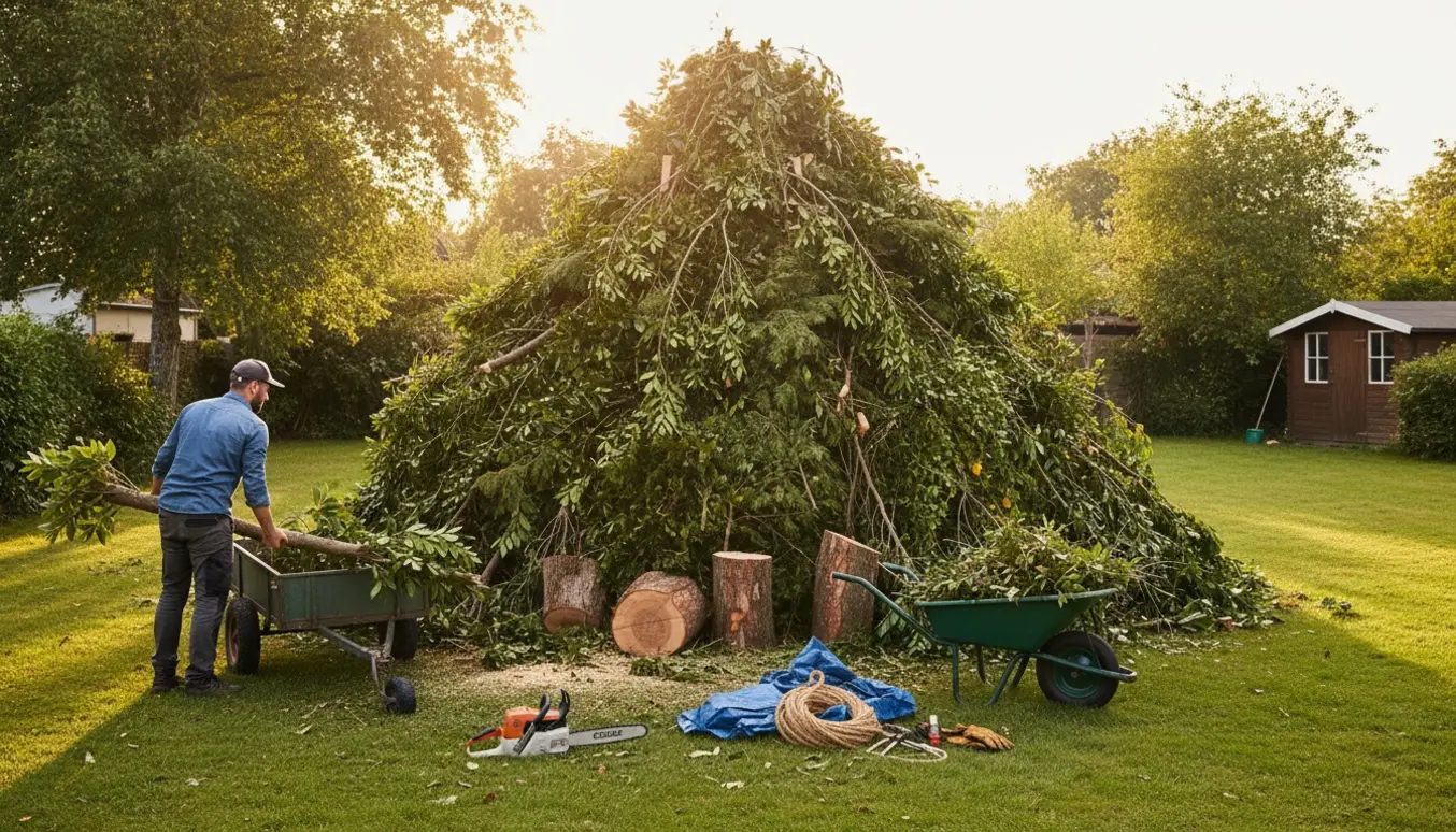Stor bunke grenaffald med lange grene og stammer ved siden af en for lille trailer i en ryddet have.