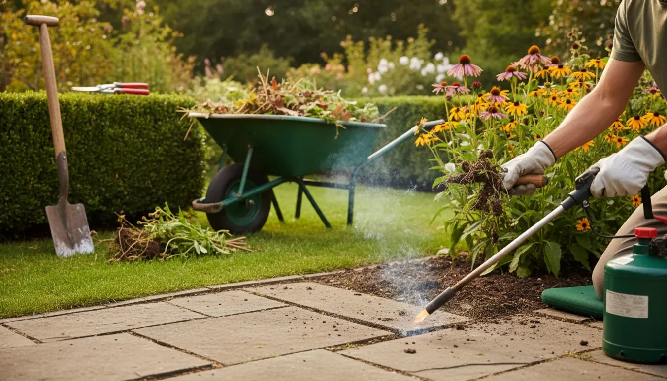 Nærbillede af hænder, der luger og kantskærer et blomsterbed med beskåren hæk i baggrunden og brændt ukrudt ved flisekanten.