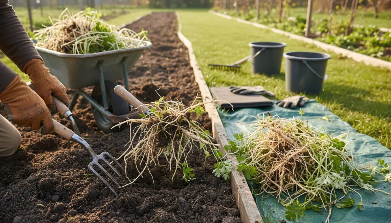 Nærbillede af hænder, der luger skvalderkål i et langt bed med bunker af opgravede rødder og haveredskaber ved siden af.