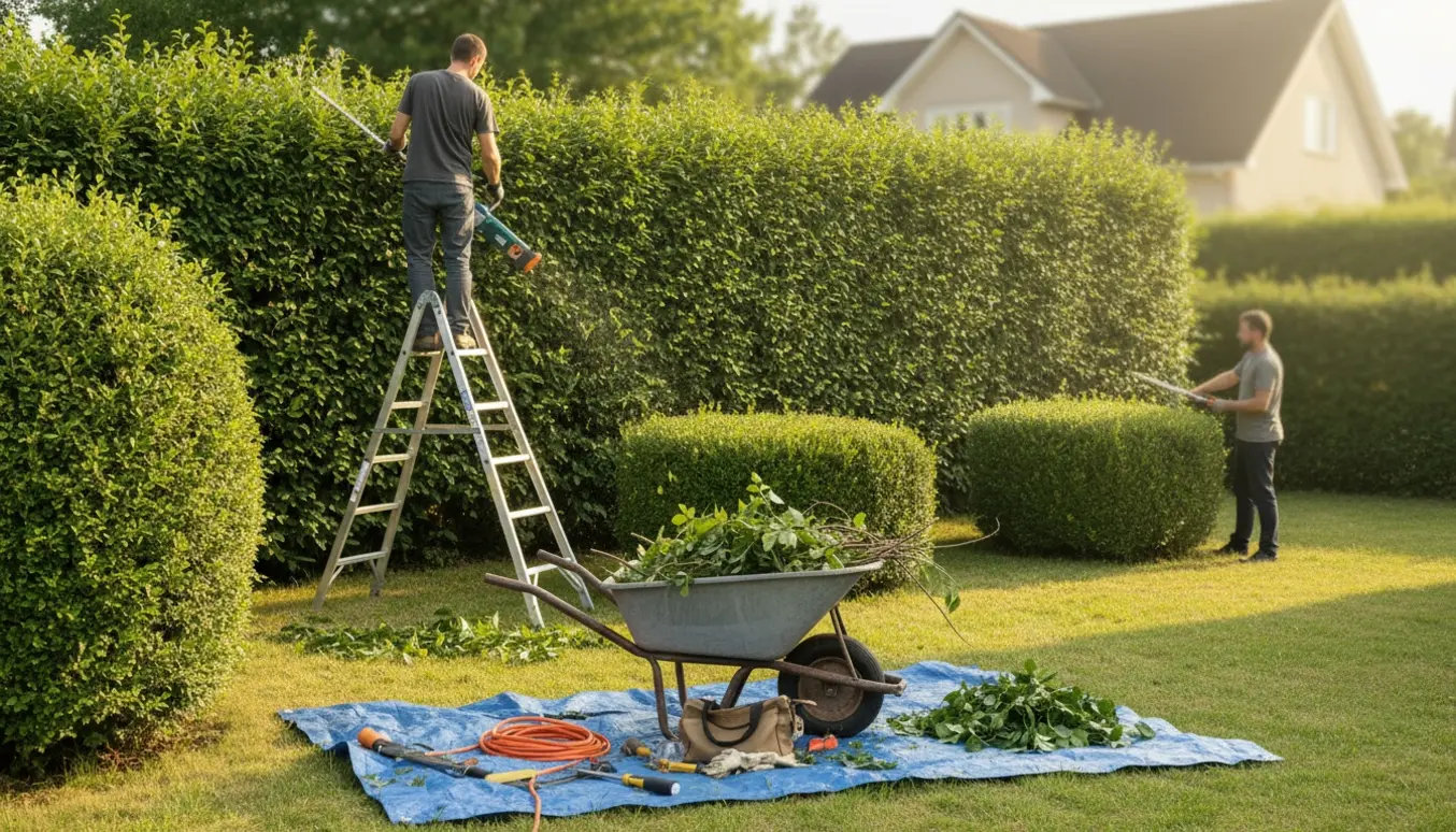 En person på stige trimmer en meget høj hæk med en stanghækkeklipper, mens to lavere hække er klippet og haveaffald ligger i en trillebør.