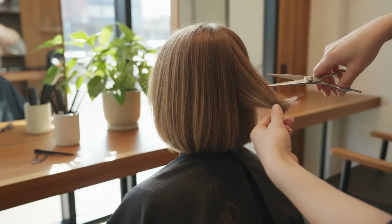 Skulderlangt hår set bagfra, hvor en stylist laver en pjusket, tekstureret frisure med sakse i en soloplyst salon.